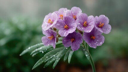 Vibrant Purple Wildflower Cluster With Water Droplets Illuminated By Soft Natural Light In A Lush Green Garden