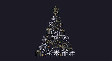 A festive Christmas tree silhouette composed of various holiday ornaments like stars, snowflakes, bells, bows, candy canes, and gift boxes, set against a dark background.