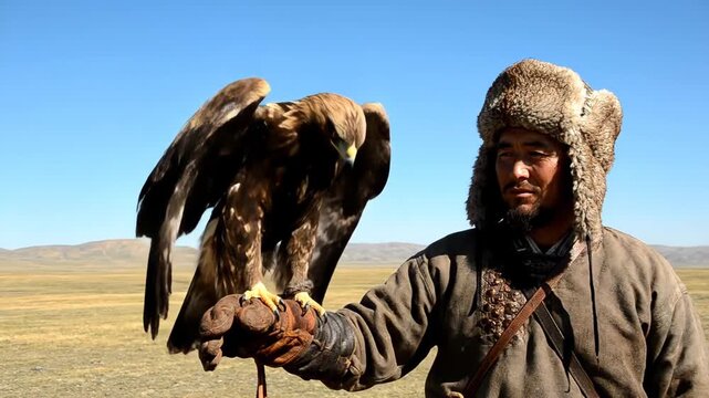Traditional Mongolian Hunter Holding a Golden Eagle in the Steppe.