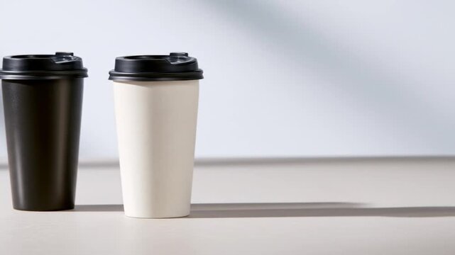 Two disposable coffee cups black and white with lids on a light surface with soft shadows