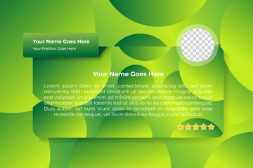 Testimonial Customer Review Quote Feedback Social Media Gradient Vector Template. multicolor green gradient color on circle shape pattern element and background. space for photo and shadow effect.