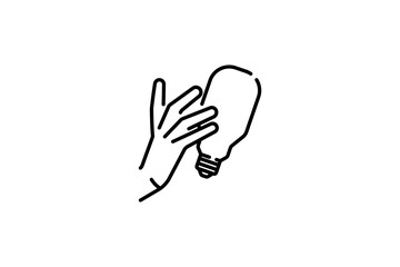 Hand taking a light bulb in line style. Shining lamp with editable stroke. Bulb logo, Save Energy symbol, outline sketch drawing Vector illustration