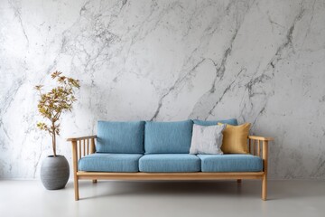 Fototapeta premium A contemporary blue sofa sits against a textured marble wall with a potted plant.