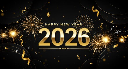 Elegant golden fireworks with Happy New Year 2026 on black backdrop.