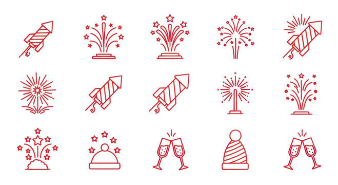 Collection of festive red line art icons, perfect for celebrations and events.