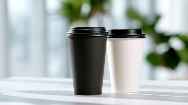 Black and white disposable coffee cups hot beverage container takeaway drink on table with copy space