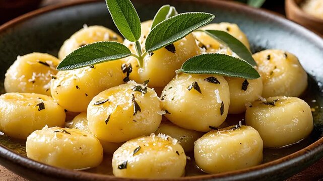 Homemade potato gnocchi pasta serving in a bowl, topped with fried sage leaves, butter sauce, and parmesan cheese