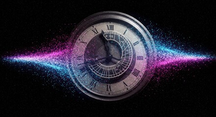 Antique clock with glowing particles on a dark background, time concept