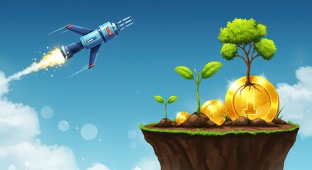 Investment growth concept with rocket and money plant on floating island