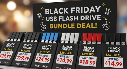 Close up of black friday usb flash drive bundle deal display with prices