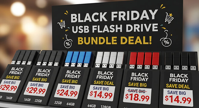 Close up of black friday usb flash drive bundle deal display with prices