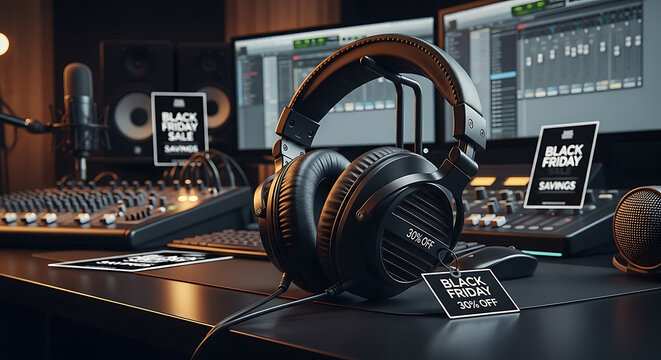 Black headphones on a stand with black friday sale advertisement behind