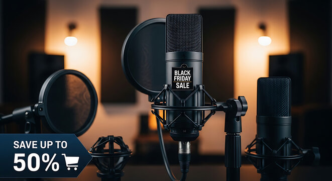Black friday sale advertised on microphones in a recording studio setup