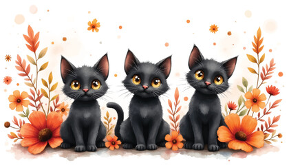 Three Cute Black Cats with Flowers Autumn Halloween Illustration