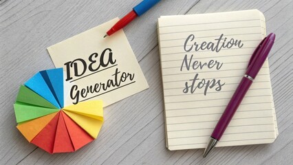 Creative brainstorming tools concept with colorful spinner and notebook on a wooden table promoting endless idea generation