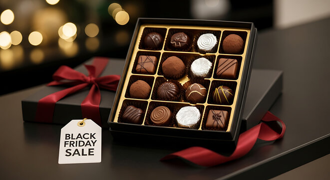Box of assorted chocolates with black friday sale tag and gift box
