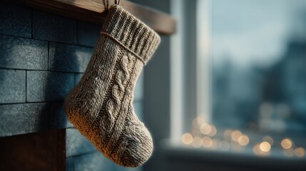 A cozy knitted Christmas stocking hangs from a mantel, with soft, blurred lights in the background, evoking holiday warmth and cheer.