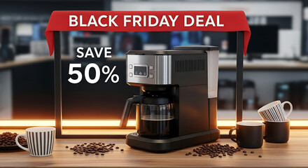 Black friday deal featuring a coffee maker and mugs on a wooden surface