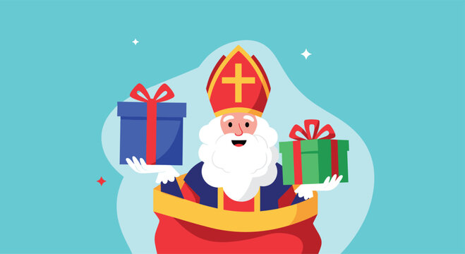 Sinterklaas, a traditional Dutch and Belgian festive figure, joyfully presents wrapped gifts, embodying the spirit of generosity and holiday celebration.