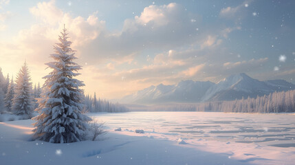 Snowy forest path, winter wonderland, snowfall, sunlit trees clued landscape background,