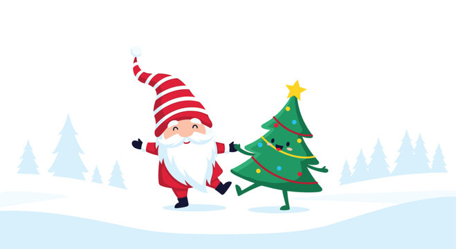 Adorable Santa Claus and a happy Christmas tree character dancing merrily in a snowy winter landscape, spreading festive cheer and holiday joy.