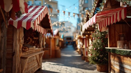 Obraz premium A cozy market street adorned with festive decorations, wooden stalls, and twinkling lights, creating a vibrant and inviting atmosphere.