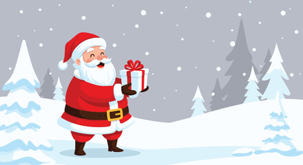 A cheerful Santa Claus stands happily in a serene, snow-covered winter wonderland, holding a neatly wrapped Christmas gift amidst falling snowflakes and pine trees.