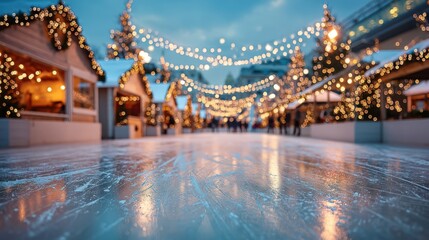 A picturesque ice rink adorned with twinkling lights and festive stalls, creating a warm holiday atmosphere.