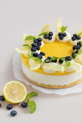 Delicious lemon cheesecake with fresh fruits and mint.