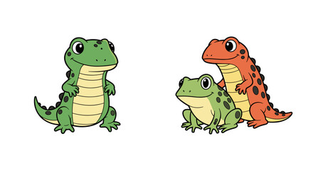Fototapeta premium Cute cartoon reptiles and amphibians drawing: lizard and frog illustrations for kids educational content