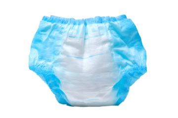 Disposable adult diaper with blue trim on black background