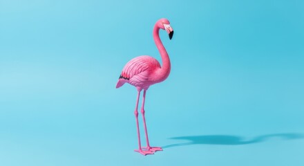 Obraz premium Pink Flamingo Standing Tall on a Vibrant Blue Background.