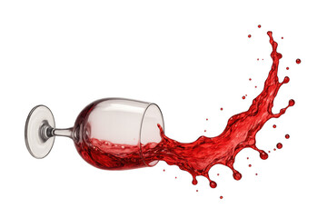 Red wine spilling from a glass, dynamic liquid splashing, motion and accident concept, transparent background