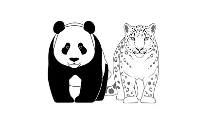 Obraz premium Illustration of panda bear and snow leopard wildlife animals black and white vector drawing design art print image