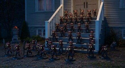 A shot of a house's foundation and front steps. An army of 50 identical, small, glowing-eyed demon figurines are arranged