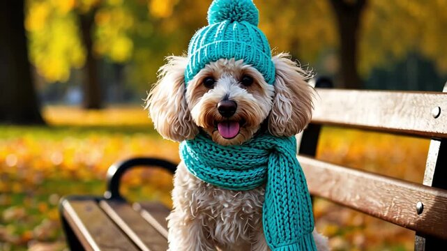 Happy pet dog sitting on a wooden park bench, wearing a turquoise knit hat and scarf in an autumn park with falling leaves