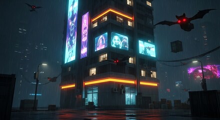 A sleek, futuristic cyberpunk apartment building, holographic ghosts and monsters flicker across its surface ads