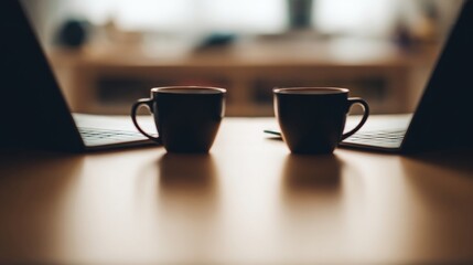 Fototapeta premium A dimly lit workspace featuring two laptops and two coffee cups on a wooden desk,