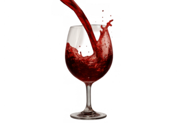 Red wine pouring and splashing into a glass, symbolizing celebration, luxury, and indulgence, on a transparent background