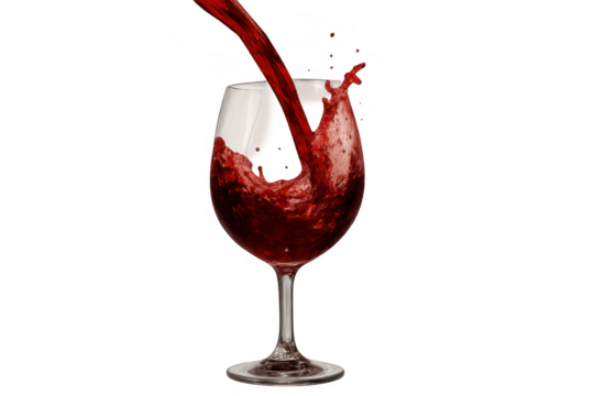 Red wine pouring and splashing into a glass, symbolizing celebration, luxury, and indulgence, on a transparent background