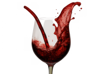 Red wine pouring into glass creating elegant splash, celebrating event, transparent background, beverage concept