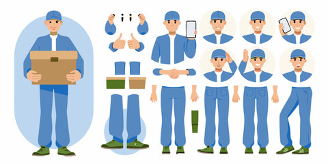 Delivery man character kit with various poses and parts for animation and design