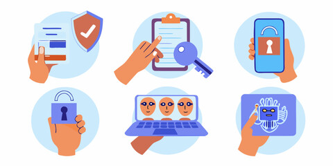 Digital security and privacy concepts illustrated with hands holding various icons like locks keys and robots