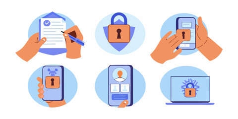Set of illustrations depicting digital security and personal data protection concepts