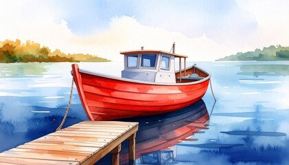 Fototapeta premium Vessel moored to wooden pier tranquil waters reflecting sky peaceful marina scene at sunset calm harbor ambiance.