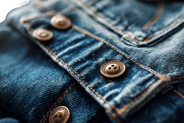 Close up of blue denim fabric with metal buttons and stitching