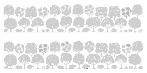 Collection of diverse grey tree and bush silhouettes arranged in two horizontal rows against a white background