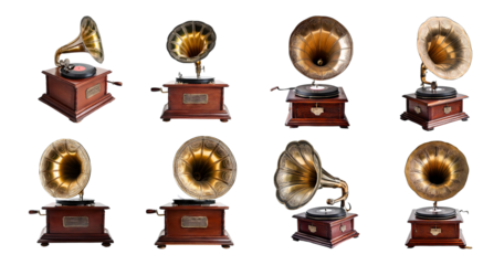Vintage Gramophones Displayed on a White Background in Various Angles, PNG bundle collection, Isolated on Transparent Background