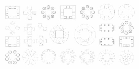 Collection of top down schematic drawings of various table and chair arrangements for meeting rooms and dining spaces