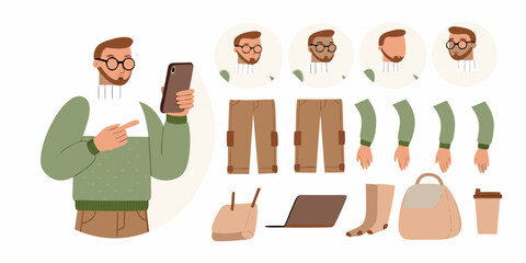 Man character creator kit with various facial expressions clothing and accessories for animation and design
